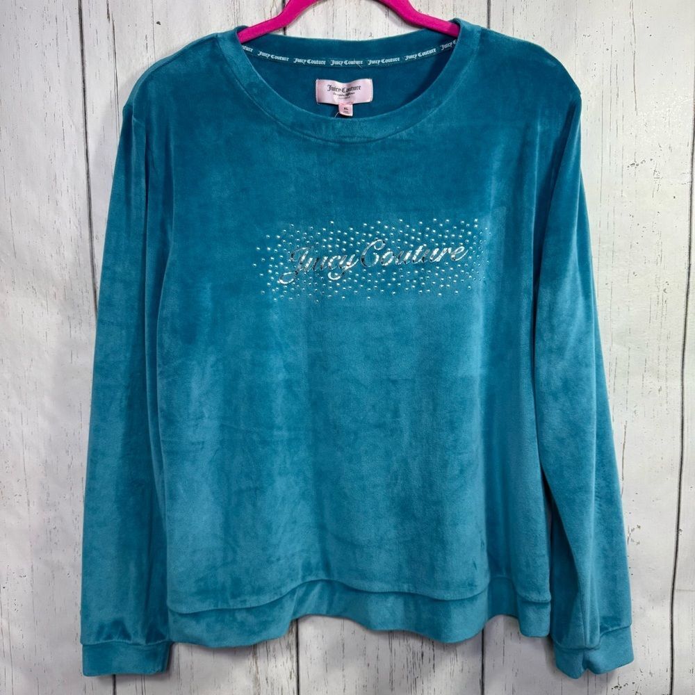 Juicy Couture Velour Sleep Top XL Teal Blue Rhinestone Logo Loungewear Soft Girl
